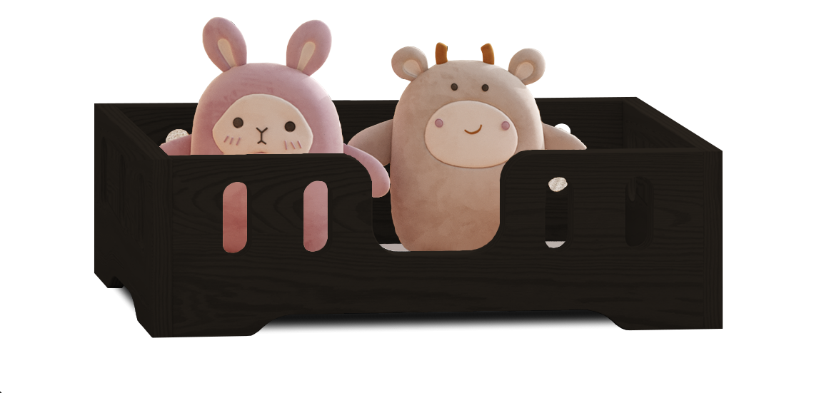 Drewniane łóżko dla lalek z podłużnymi wycięciami w barierkach ze sklejki sosnowej w kolorze czarnym